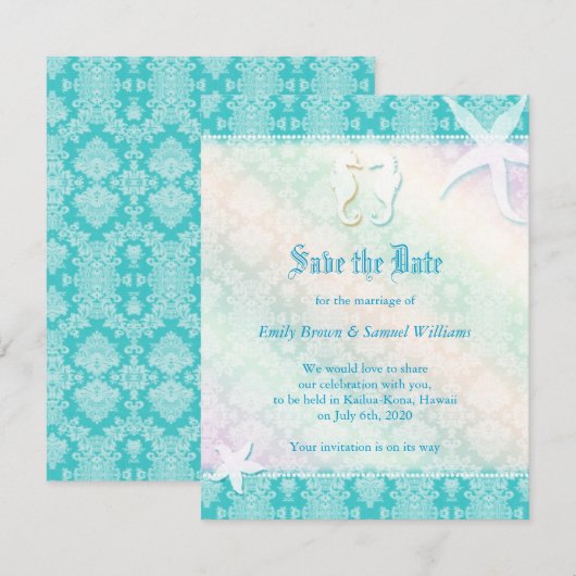 Beach Seahorse Aqua Wedding Save the Date (Voorkant / Achterkant)