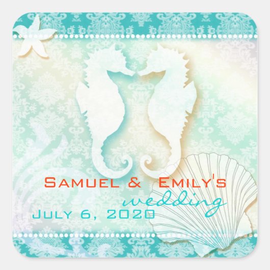 Beach Seahorse Aqua Wedding Save the Date Vierkante Sticker (Voorkant)