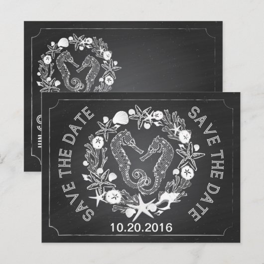 Beach Seahorse Seashell Chalkboard Bewaar de datum Aankondigingskaart (Voorkant / Achterkant)