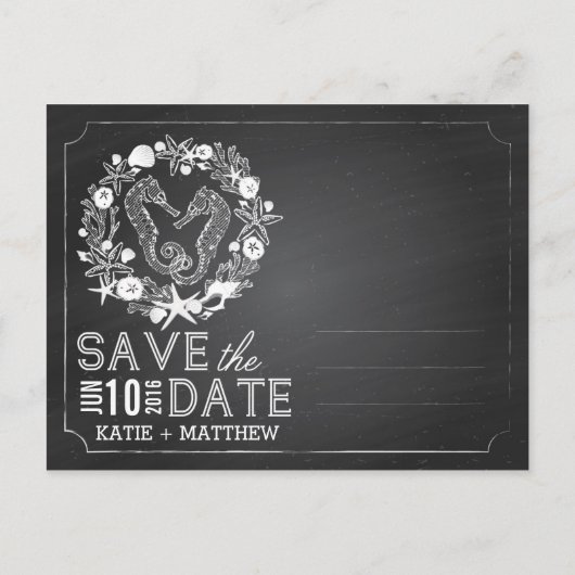 Beach Seahorse Seashell Chalkboard Bewaar de datum Aankondigingskaart (Achterkant)