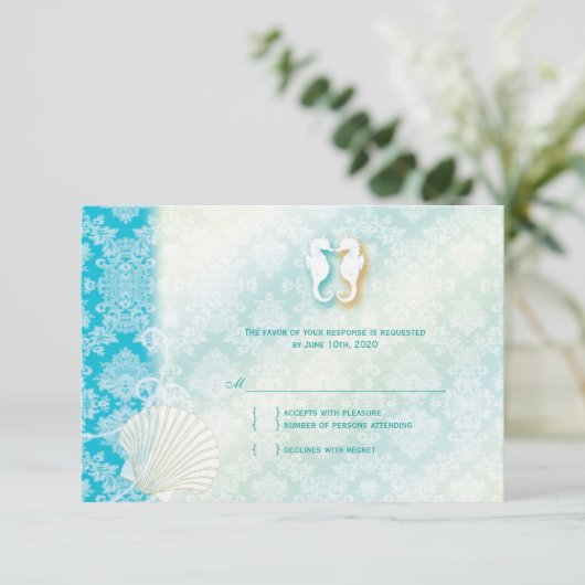 Beach Seahorse Turquoise Wedding RSVP (Staand voorkant)