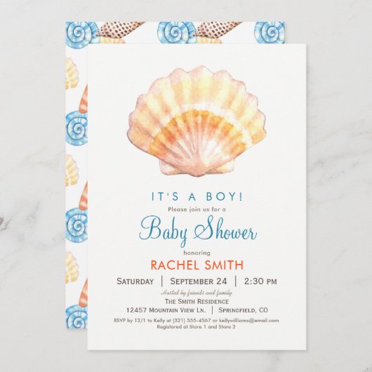 Beach Seashell Boy Baby shower Uitnodiging (Voorkant / Achterkant)