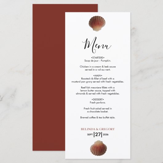 Beach Seashell Clams Wedding Menu (Voorkant / Achterkant)
