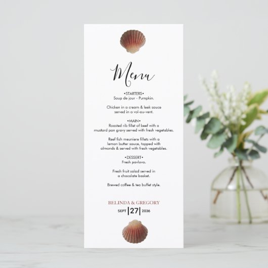 Beach Seashell Clams Wedding Menu (Staand voorkant)