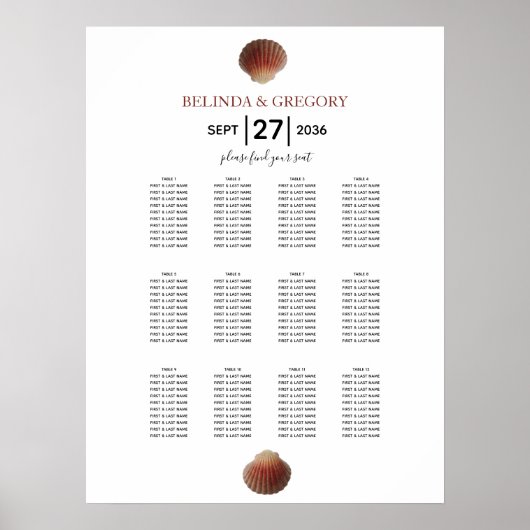 Beach Seashell Clams Wedding Seding Chart Poster (Voorkant)