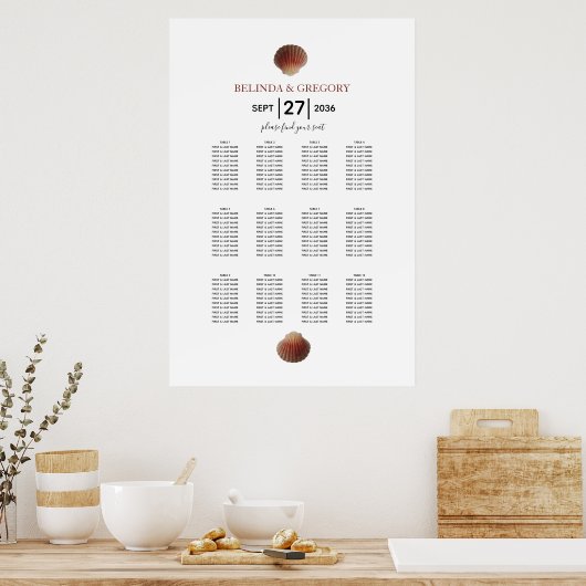 Beach Seashell Clams Wedding Seding Chart Poster (Keuken)