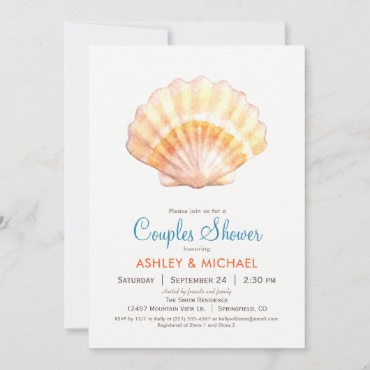 Beach Seashell Couples Douche Uitnodiging (Voorkant)
