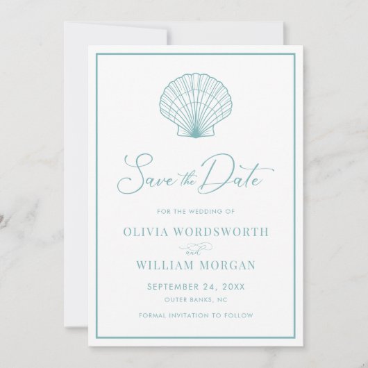 Beach Seashell Elegant Aqua Blue Wedding Save The Date (Voorkant)