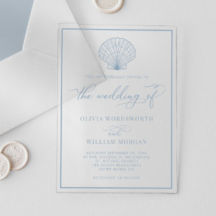Beach Seashell Elegant Dusty Blue Wedding Acryl Uitnodigingen