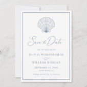 Beach Seashell Elegant Dusty Blue Wedding Save The Date (Voorkant)