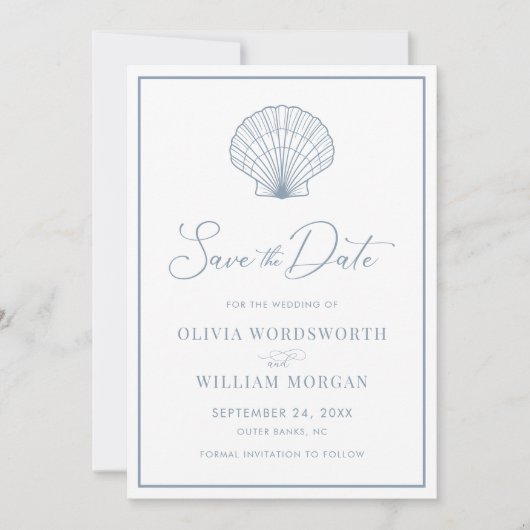 Beach Seashell Elegant Dusty Blue Wedding Save The Date (Voorkant)