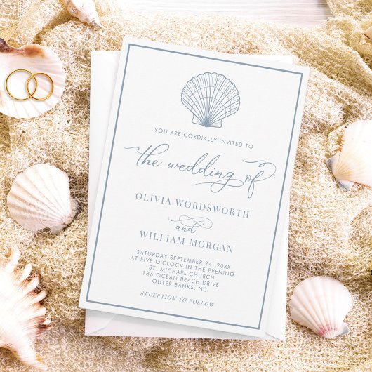 Beach Seashell Elegant White Dusty Blue Wedding Kaart