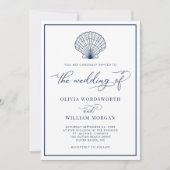 Beach Seashell Elegant White Navy Wedding Kaart (Voorkant)