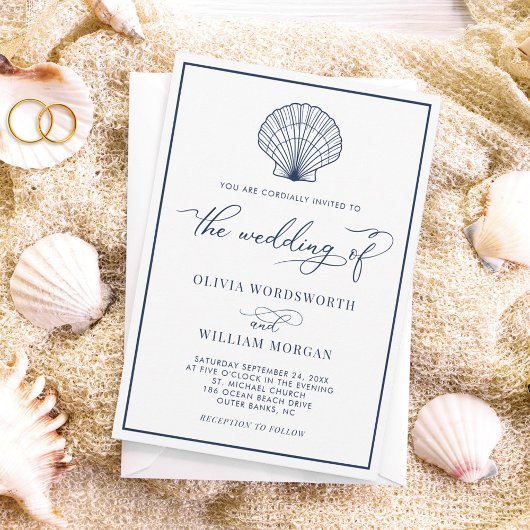 Beach Seashell Elegant White Navy Wedding Kaart
