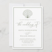 Beach Seashell Elegant White Sage Green Wedding Kaart (Voorkant)