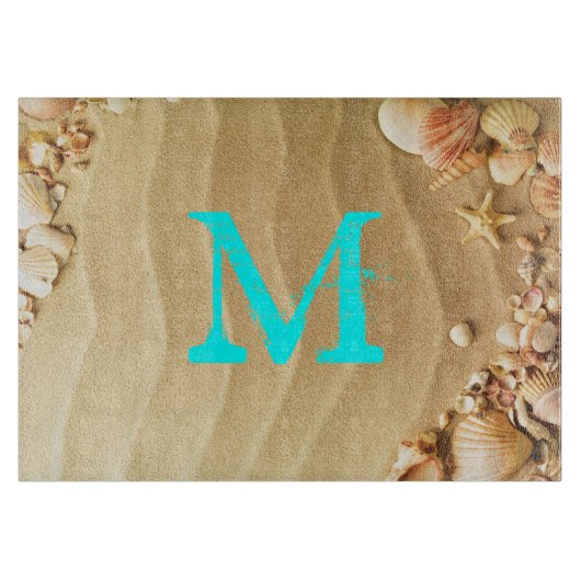 Beach Seashell Hawaii Monogram Glas Snijplank (Voorkant)