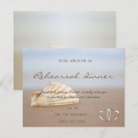 Beach Seashell, Hearts Rehearsal Dinner Kaart (Voorkant / Achterkant)