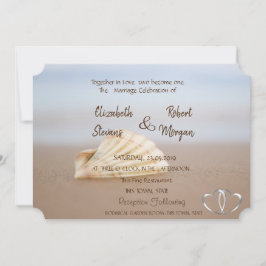 Beach Seashell , Hearts Wedding Invitation Kaart