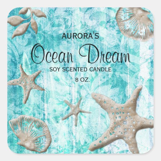 Beach Seashell Kaars Productlabel Verpakking Vierkante Sticker (Voorkant)