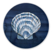 Beach Seashell Modern Navy Blue White Rustic Wood Keramische Knop (Voorkant)