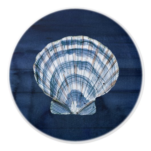 Beach Seashell Modern Navy Blue White Rustic Wood Keramische Knop (Voorkant)