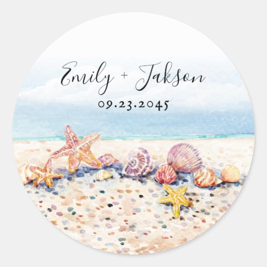 Beach Seashell Ocean Mountains Cloud Waterverf Ronde Sticker (Voorkant)