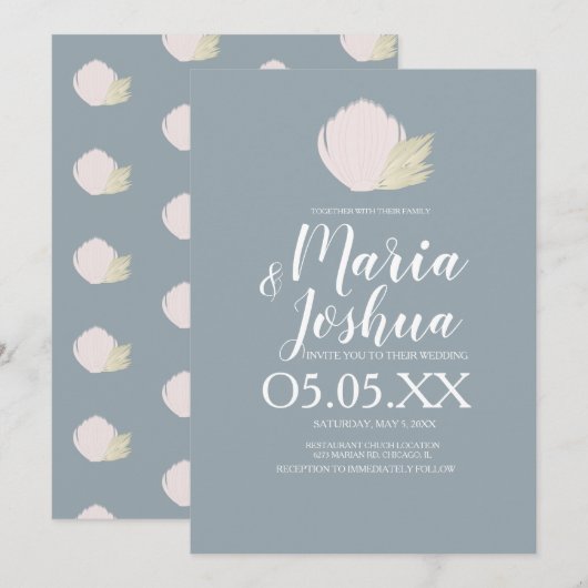 Beach Seashell Pampas Muted Wedding Invitation Kaart (Voorkant / Achterkant)