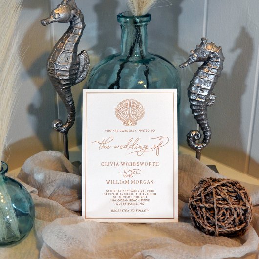 Beach Seashell Wedding Elegant Roos Gold Folie Uitnodiging