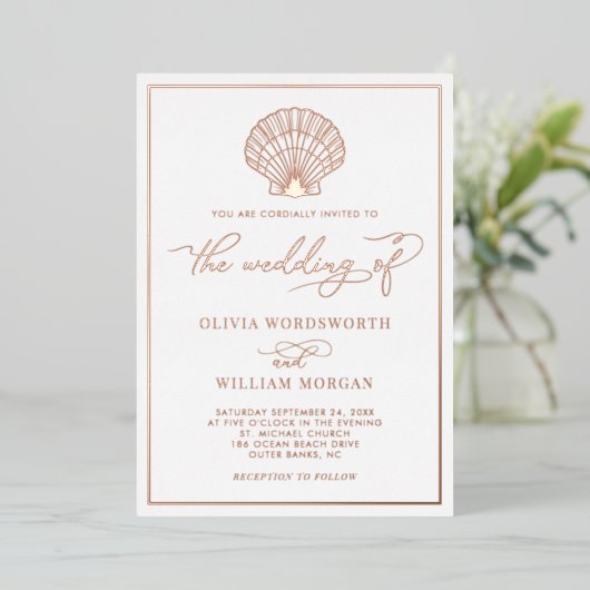 Beach Seashell Wedding Elegant Roos Gold Folie Uitnodiging (Staand Voorkant)