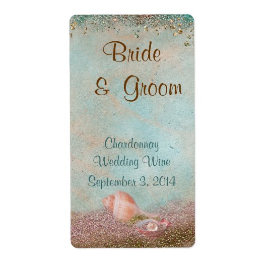 Beach Seashells and Glitter Wedding Wine Etiket (Voorkant)