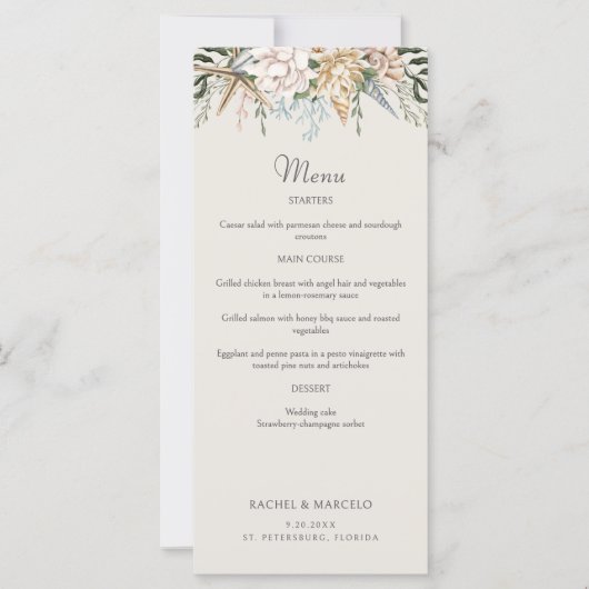 Beach Seashells Bloemen Trouwmenu (Voorkant)