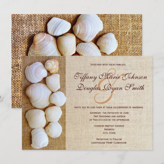 Beach Seashells Burlap Print Wedding Invitations Kaart (Voorkant / Achterkant)