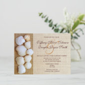 Beach Seashells Burlap Print Wedding Invitations Kaart (Staand voorkant)