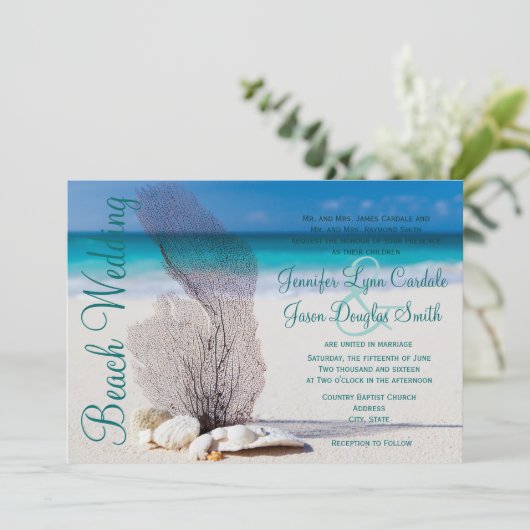 Beach Seashells Destination Wedding Invitations Kaart (Staand voorkant)