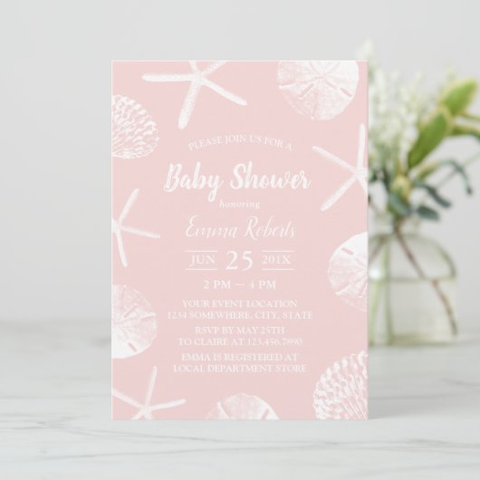 Beach Seashells Elegant Blush Pink Baby shower Kaart (Staand voorkant)