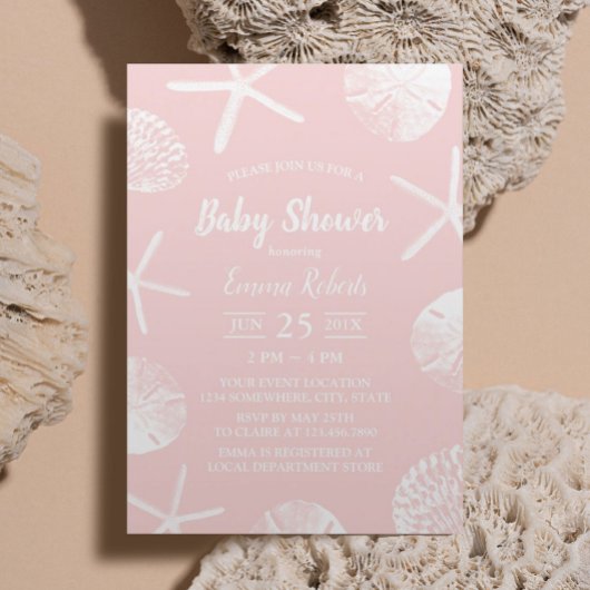 Beach Seashells Elegant Blush Pink Baby shower Kaart
