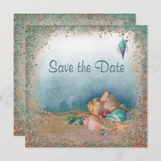 Beach Seashells en Glitter Save the Date Weddensch (Voorkant / Achterkant)