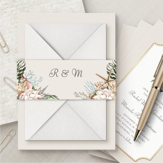 Beach Seashells Floral Wedding Belly Band Uitnodigingen Wikkel