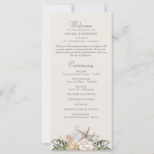 Beach Seashells Floral Wedding Programma (Voorkant)