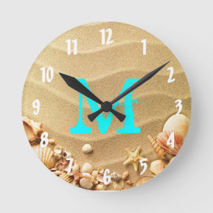 Beach Seashells Hawaii Monogram Initiaal Wall Cloc Ronde Klok