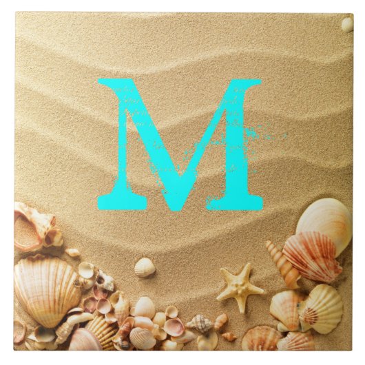 Beach Seashells Hawaii Sand Monogram Display Tegel Tegeltje (Voorkant)