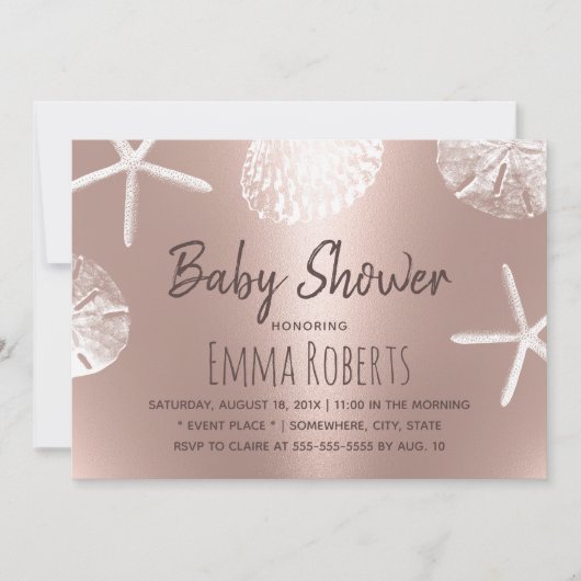Beach Seashells Modern Blush Roos Gold Baby shower Kaart (Voorkant)