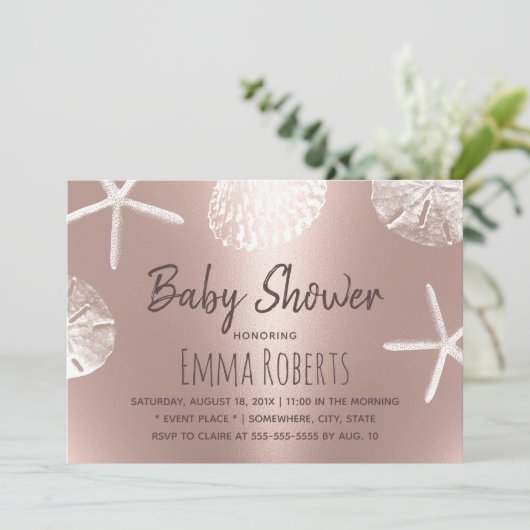 Beach Seashells Modern Blush Roos Gold Baby shower Kaart (Staand voorkant)