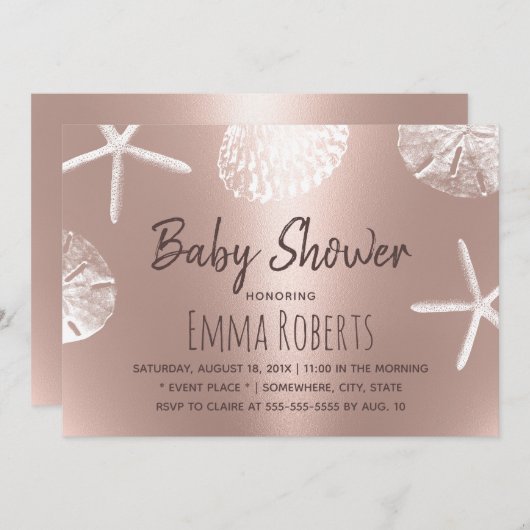 Beach Seashells Modern Blush Roos Gold Baby shower Kaart (Voorkant / Achterkant)