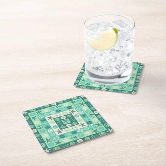 Beach Seashells Nautical Moderne Blauwgroen Green Kartonnen Onderzetters (Insitu)