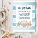 Beach Seashells Nautical Stripes Holiday Party Kaart<br><div class="desc">Nautical Holiday party-uitnodiging met handbeschilderde,  waterverf strandhells met penseelstreek,  bijtblauw en witte strepen. De gegevens van de partij zijn in blauw jachtschrift en kunnen gemakkelijk worden gepersonaliseerd. Achterzijde is een klassiek blauw van de marine.</div>