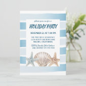 Beach Seashells Nautical Stripes Holiday Party Kaart (Staand voorkant)