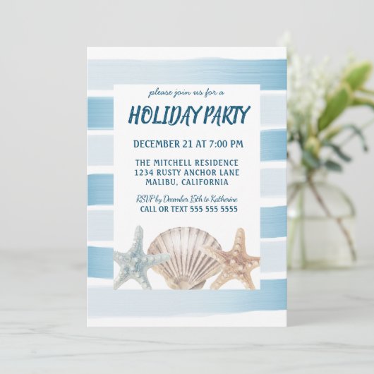 Beach Seashells Nautical Stripes Holiday Party Kaart (Staand voorkant)