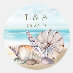 Beach SeaShells Nautical Wedding Monogram Ronde Sticker