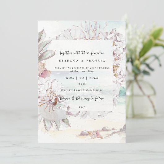 Beach Seashells Ocean Wedding Uitnodiging (Staand voorkant)